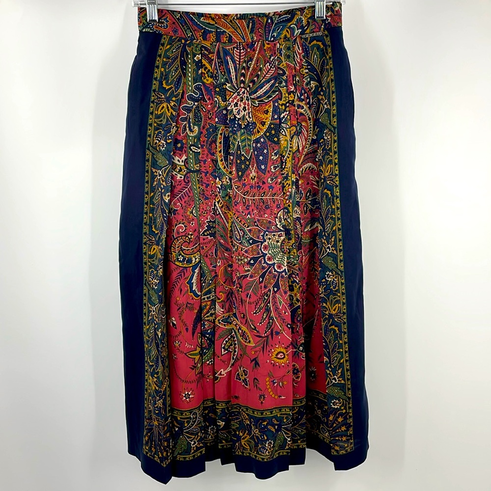 Vintage 1980s Geiger Bold Floral Pleated Wool Midi Skirt Size 36 Measurements